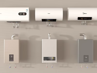 Different Types Of Water Heaters With Storage And Tankless In White Beige Gray Colors 3d model