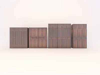 Multiple Wooden Wardrobes With Different Door Designs In Brown Wooden Finish 3d model