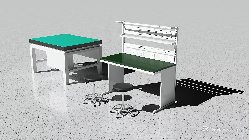 Practical Lab Workstations With Green Countertops White Shelving And Swivel Stools 3d model