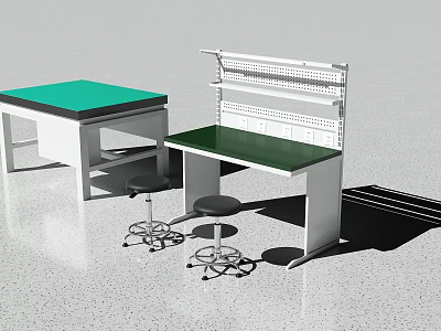 Practical Lab Workstations With Green Countertops White Shelving And Swivel Stools 3d model