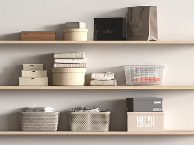 Woven Storage Baskets and Fabric Bins Neatly Arranged on Wooden Shelves for Home Organization 3d model