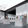 Art Gallery Exhibition Space With Paintings On Walls Central Display Stand And Ceiling Lighting