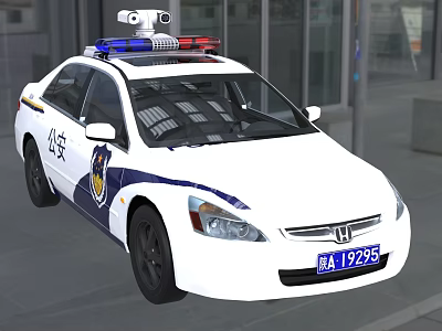 Police Car with White Body Blue Stripes and Police Badge on Roof Emergency Lights 3d model