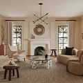 Elegant Living Room Interior With Beige Sofa Armchairs Fireplace And Chandelier