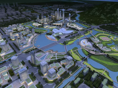 Aerial Planning of Modern City With River Green Spaces High Rise Buildings and Central Plaza 3d model