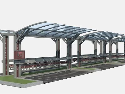Long Glass Roof Canopy With Metal Support Pillars For Station Platform 3d model