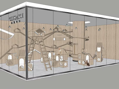Kitties Playground Mall Shop With Wooden Climbing Structures And Glass Walls 3d model