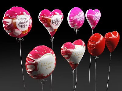 Valentine's Day Heart Shaped Balloons With Pink Red Colors And Decorative Designs 3d model