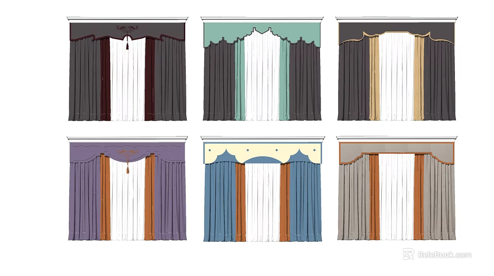 Various Stylish Curtain Designs with Colorful Valance and Layered Fabric Patterns 3d model 