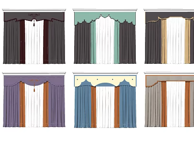Various Stylish Curtain Designs with Colorful Valance and Layered Fabric Patterns 3d model
