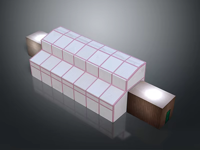 Cartoon Scene with Container Building White Red Lines Brown Structures and Lighting Effects 3d model