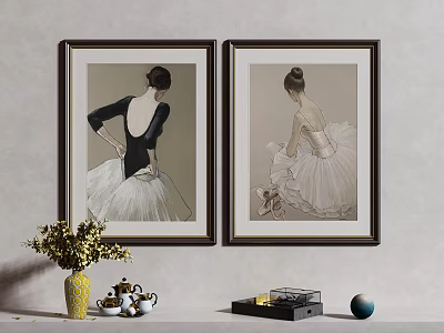 Ballerina Portrait Paintings In Dark Frames On Gray Wall With Decorative Items 3d model