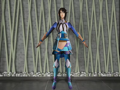 A Woman In Blue And White Outfit Standing Against Striped Background With Pebble Ground 3d model