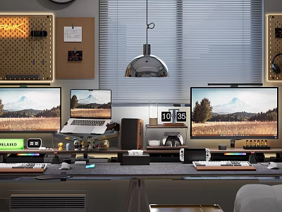 Modern Entertainment Room Design With Multiple Screens Gaming Gear And Cozy Seating 3d model