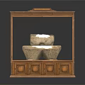 Wooden Display Cabinet With Glass Door Holding Ancient Artifacts And Carved Bottom Drawers