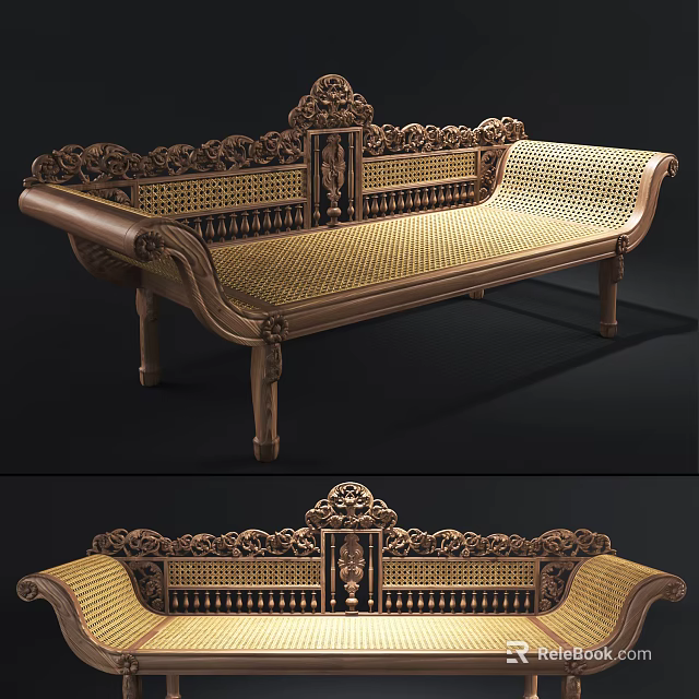 Classic Carved Rattan Sofa With Ornate Golden Frame And Spacious Design 3d model 