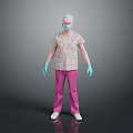 A Man wearing colorful printed top pink pants white cap face mask and blue gloves