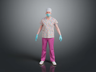A Man wearing colorful printed top pink pants white cap face mask and blue gloves 3d model