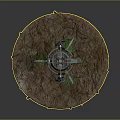Detailed Game Character Mechanical Robot On Green Grass Circular Platform With Metal Structure And Cables