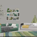 Cozy Children's Room With Green And White Sofas Toy Shelf Teepee Tent And Colorful Carpet
