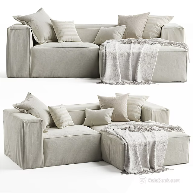 Modern Multi Seater Fabric Sofa With Plush Pillows And Cozy Throw Blanket 3d model 