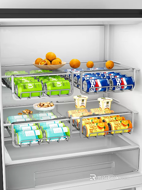 Refrigerator Interior With Bowl Of Oranges Green Packaged Goods Blue Canned Drinks Nuts Yellow Items 3d model 