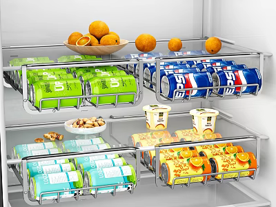 Refrigerator Interior With Bowl Of Oranges Green Packaged Goods Blue Canned Drinks Nuts Yellow Items 3d model