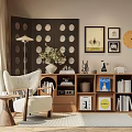 Stylish Decorative Cabinet With Books Decorative Items White Armchair Floor Lamp Framed Pictures And Clock