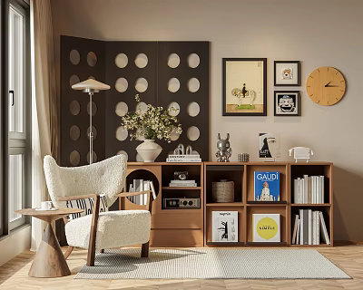 Stylish Decorative Cabinet With Books Decorative Items White Armchair Floor Lamp Framed Pictures And Clock 3d model