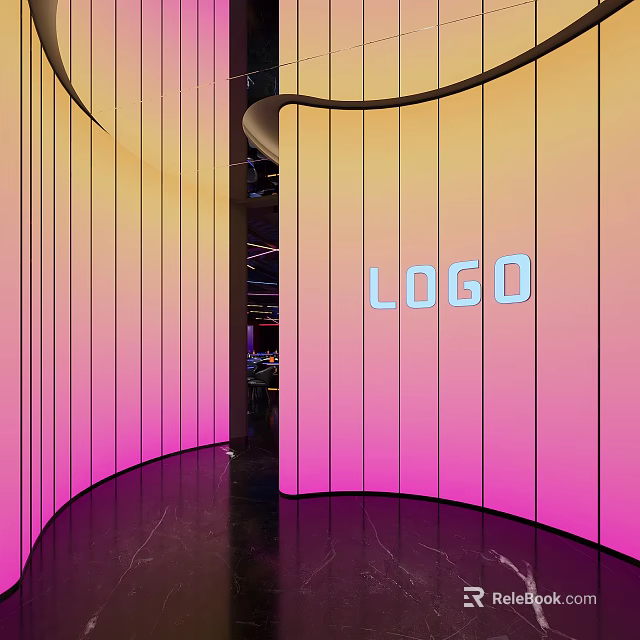 Modern Bar Interior With Neon Logo Gradient Wall And Curved Design 3d model 