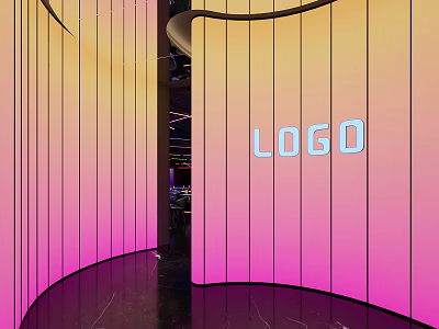 Modern Bar Interior With Neon Logo Gradient Wall And Curved Design 3d model
