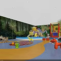 Kids Indoor Playground with Forest Themed Wall Castle Structure Slide Colorful Flooring Toys and Tables