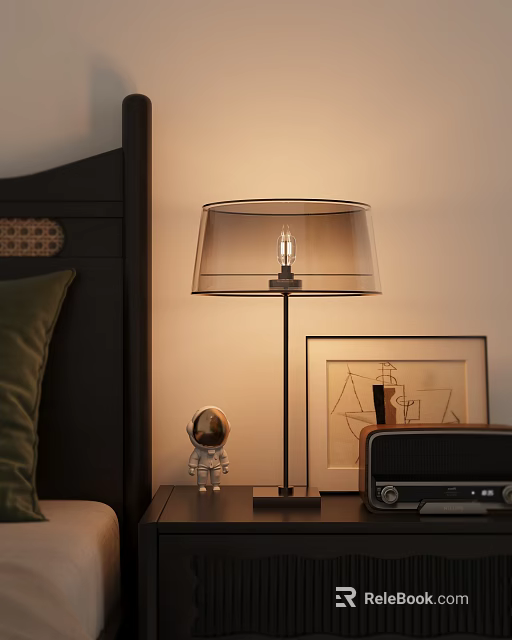 Modern Bedroom Table Lamp With Transparent Shade Astronaut Figurine And Radio 3d model 