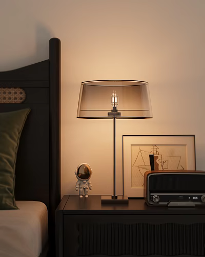 Modern Bedroom Table Lamp With Transparent Shade Astronaut Figurine And Radio 3d model