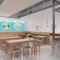 Simple Casual Restaurant Interior With Wooden Tables Benches Menu Posters And Order Counter