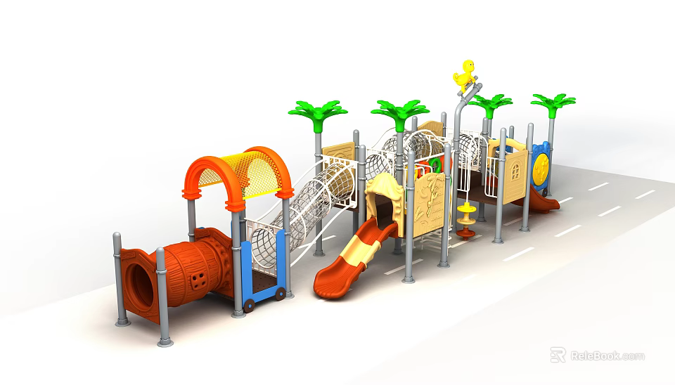 Colorful Outdoor Playground Equipment With Slide Climbing Net Palm Trees And Tunnel 3d model 