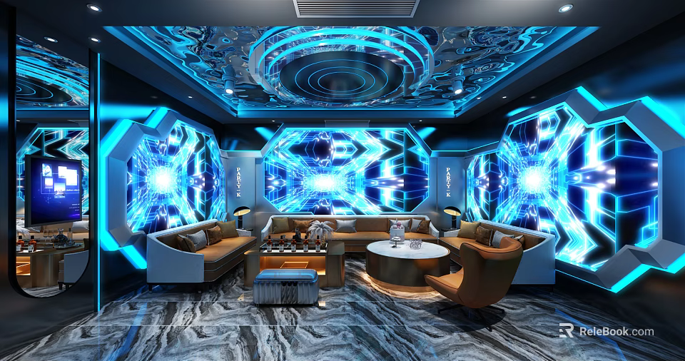 Modern Tech Inspired KTV Lounge With Blue Lighting Illuminated Backdrop Brown Sofas And Round Table 3d model