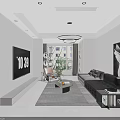 Modern Living And Dining Room Interior With Black Sofa TV Coffee Table And Window