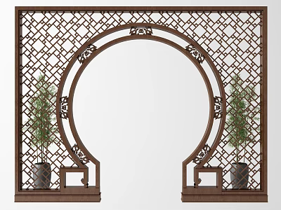 Traditional Chinese Wooden Partition With Carved Lattice Circular Arch And Potted Plants 3d model