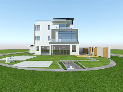 Modern Detached Villa With Large Glass Windows Lawn And Circular Driveway 3d model