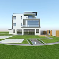Modern Detached Villa With Large Glass Windows Lawn And Circular Driveway