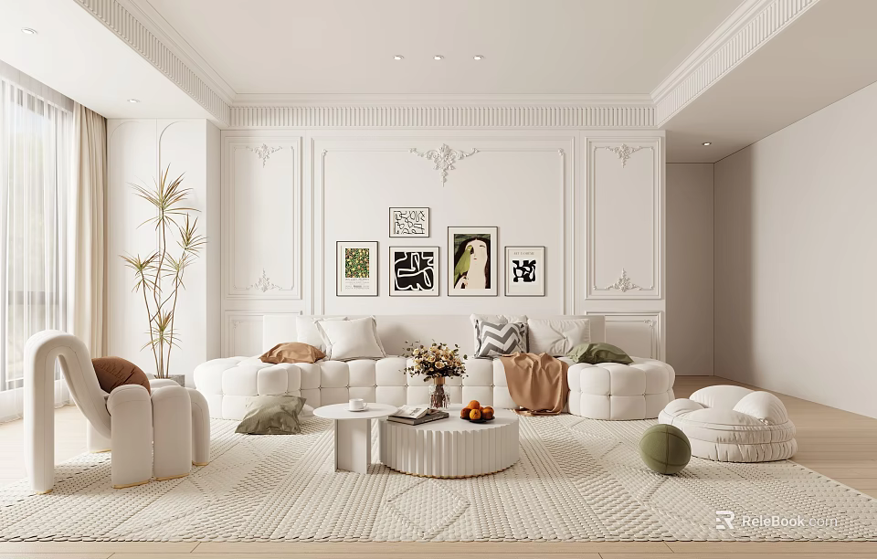 Elegant Modern Living Room Interior With White Sofa Round Coffee Table Decorative Paintings And Rug 3d model 