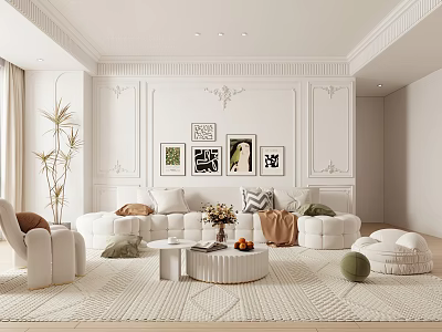 Elegant Modern Living Room Interior With White Sofa Round Coffee Table Decorative Paintings And Rug 3d model