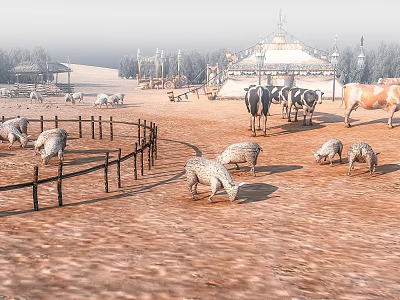 Sandy Rural Landscape With Grazing Sheep Cows Horses And Wooden Fences Near Yurts 3d model