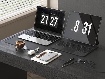 Desk Setup With Laptop Tablet Digital Clock Coffee Cup Mouse And Smartphone 3d model