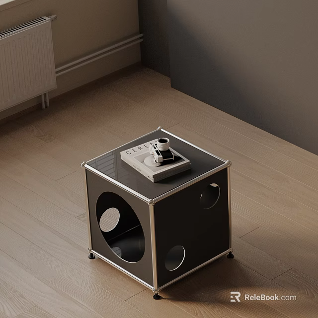 Modern Black Bedside Table With Metal Frame Round Cutouts And Alarm Clock On Wooden Floor 3d model 