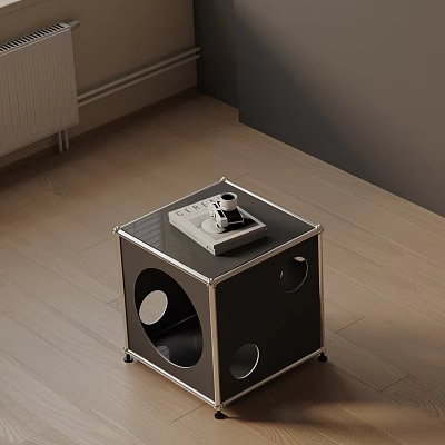 Modern Black Bedside Table With Metal Frame Round Cutouts And Alarm Clock On Wooden Floor 3d model
