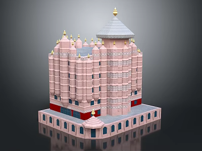 Pink Multi Storey Building With Golden Spires Dome Red Accents And Blue Windows 3d model