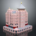 Pink Multi Storey Building With Golden Spires Dome Red Accents And Blue Windows