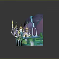 Whimsical Cartoon Fantasy Scenery With Mountain Waterfall Castle Lake Path And Trees